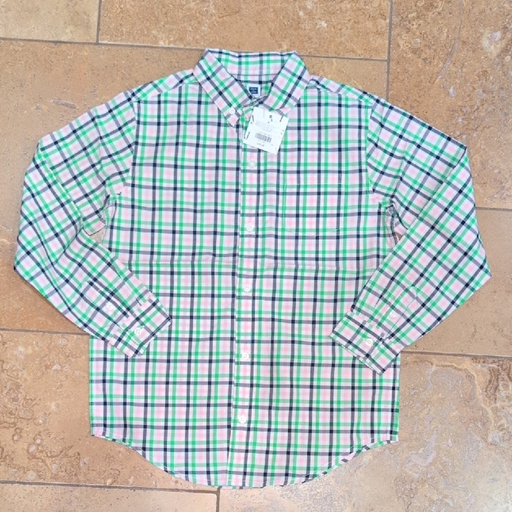 Janie and Jack boy shirt. Green, navy, pink plaid. Size 8.